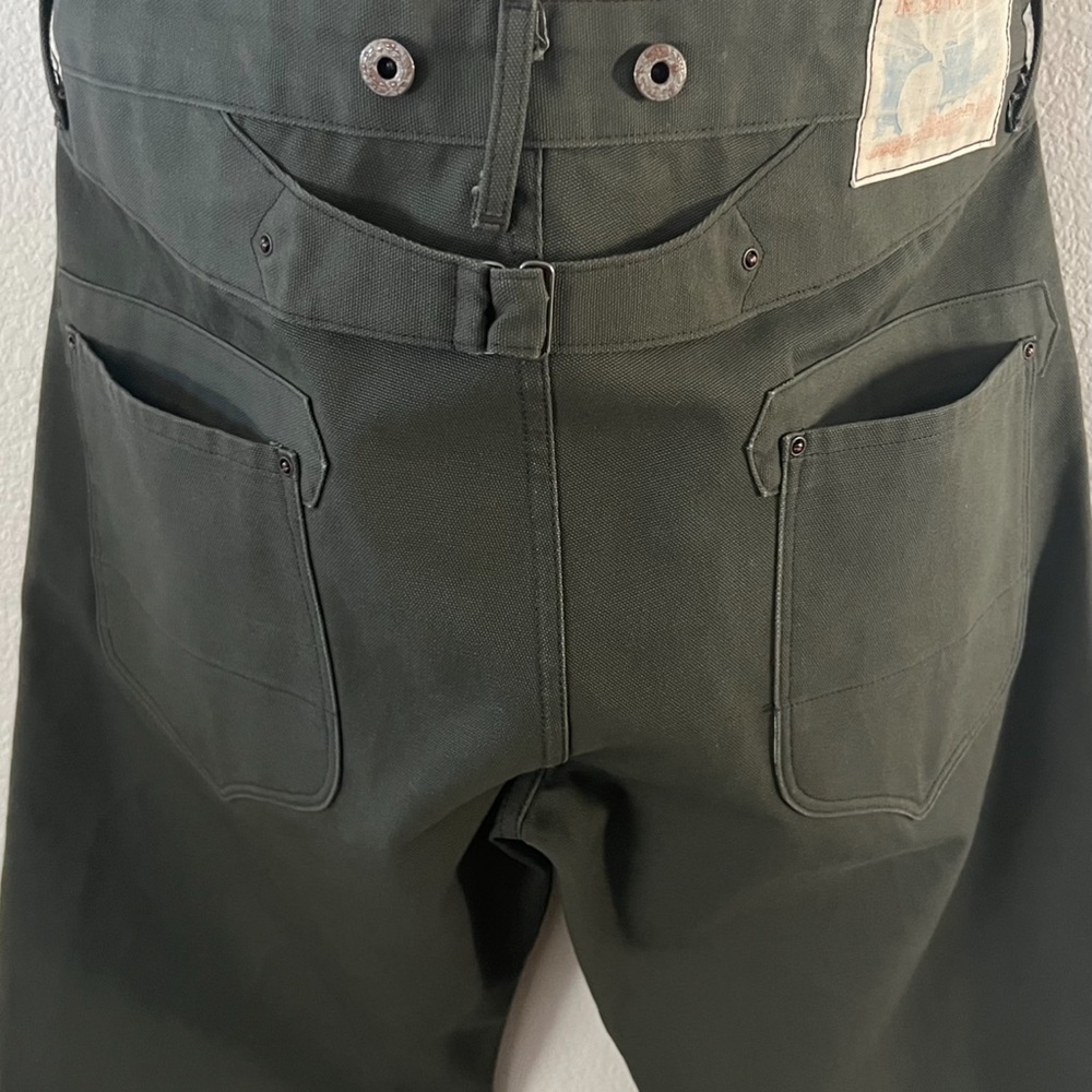 RISING SUN & CO. OLIVE DRAB CANVAS BUCKLE BACK PANTS. WAIST 35” INSEAM 33”